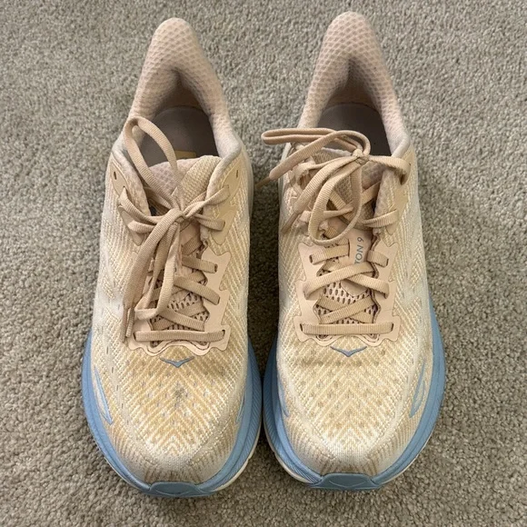 Hoka Women's Beige and Light Blue Athletic Shoes Clifton 9 - Picture 3 of 3